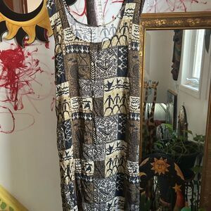 Vintage Black and Brown Patterned Midi Dress Free Size